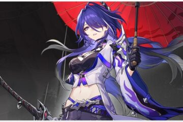 The image shows Acheron in a bottom up view whilst she holds an umbrella with a red underside. Her outfit is mainly greys, white and purple and she has long purple hair which is flowing in the wind