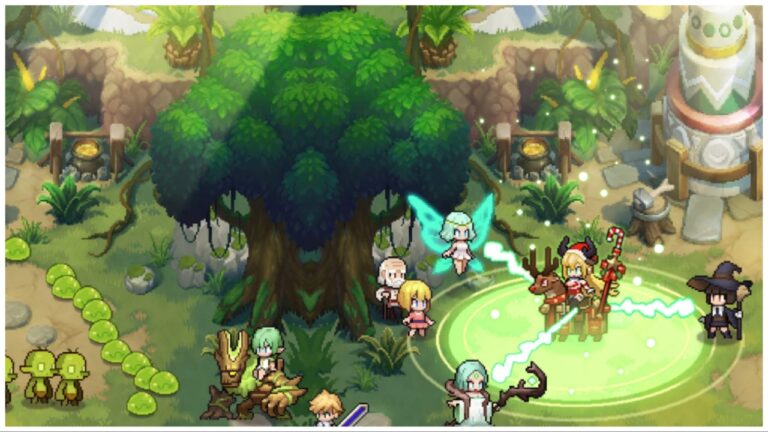 the image shows a pixel battle between heroes on the right and green goblins on the left. The scenery is entirely green with sunlight creeping through the trees