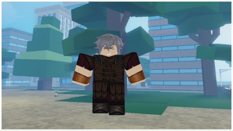 the image shows my avatar mid air in his leather armor with trees and a city scape behind him