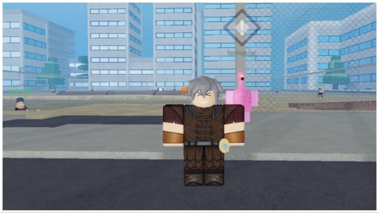 the image shows my avatar stood in front of a flamingo npc with a flood of enemies in the background of the city scene. My avatar is wearing a brown uniform and has a giddy expression