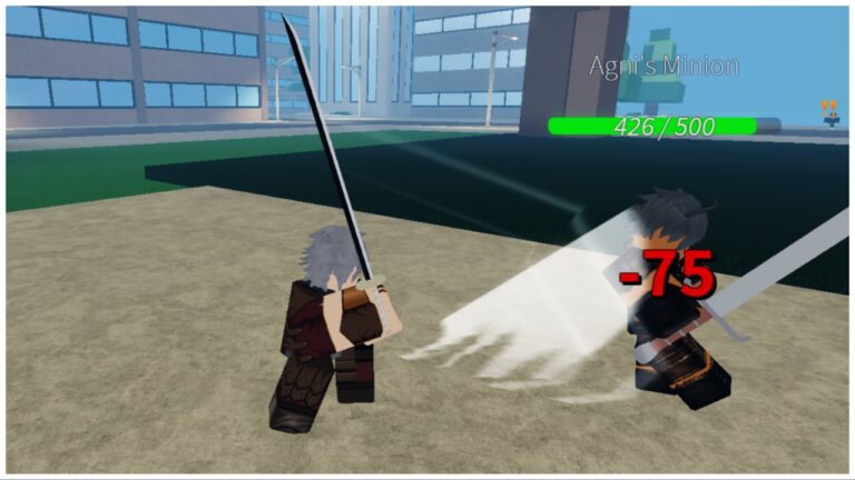 The image shows my avatar in combat with a minion in the city, the katana pierces through the enemy