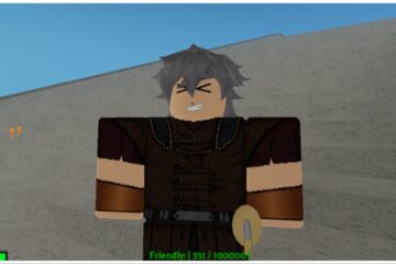 The image shows a close up on my avatar who is smiling and wearing leather armour with a sword fixed to their side. They are stood on some stone stairs which are descending down to a beach
