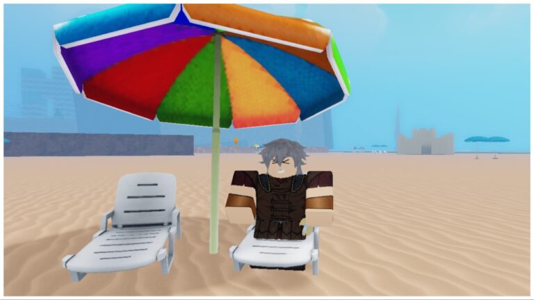 the image shows my avatar with a happy expression sat on a beach chair with a rainbow umbrella overhead. Fixed to his waist is a katana