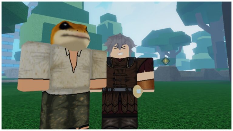 The image shows my avatar stood beside a gecko headed human wearing ragged clothes. Behind them is tall green trees and blue skies