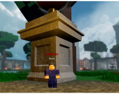 The image shows the Bumi NPC stood before a big pillar during daytime with a blue cloudy sky. He is stood inside a park with trees and greenery surrounding.