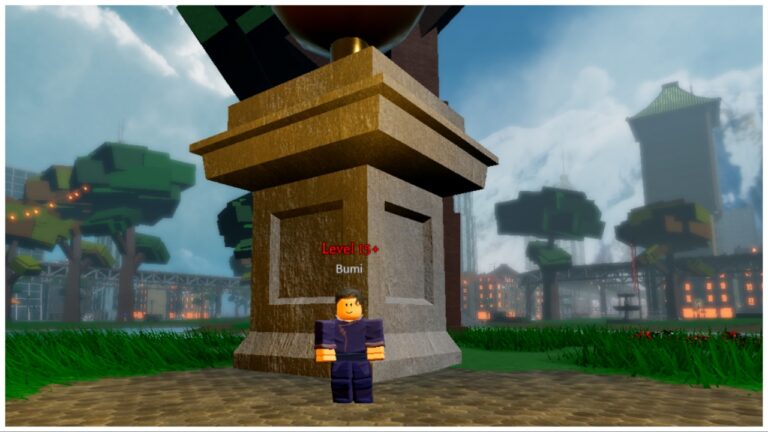 The image shows the Bumi NPC stood before a big pillar during daytime with a blue cloudy sky. He is stood inside a park with trees and greenery surrounding.