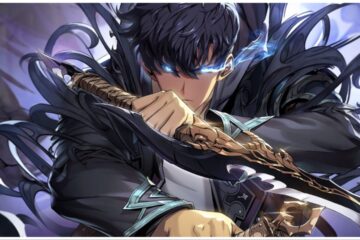 The image shows an up close of Jinwoo who is wielding two blades facing the viewer. His eyes have a faint blue aura glow and behind him are protruding black swirls