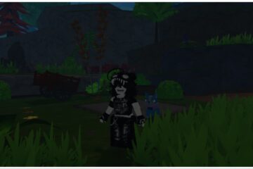 The image shows my avatar at night stood in a grassy area with the blue starter dog tanorian, chewaqua. Behind the subjects are cascading trees and lush greenery