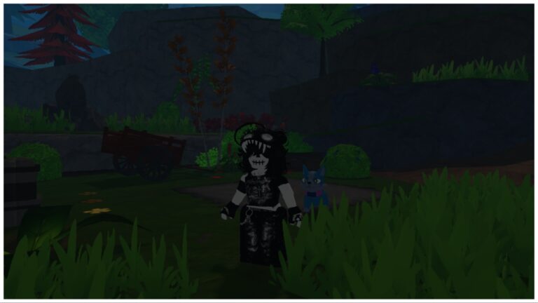 The image shows my avatar at night stood in a grassy area with the blue starter dog tanorian, chewaqua. Behind the subjects are cascading trees and lush greenery