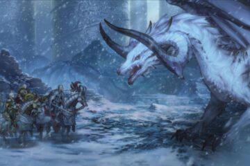 An image from ASTRA: Knights of Veda showing a party of adventurers taking on a dragon in a snowy landscape.