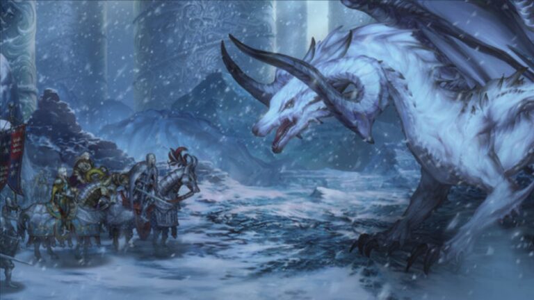 An image from ASTRA: Knights of Veda showing a party of adventurers taking on a dragon in a snowy landscape.
