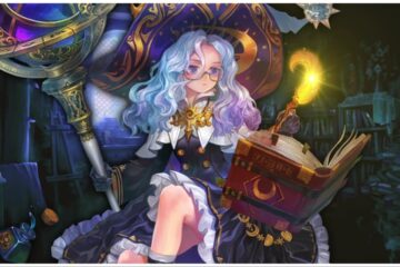 The image shows a blue haired witch with a large red book in hand and a staff in the other. Her black dress flows down the illustration.
