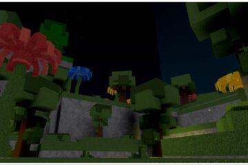 The image shows the skyline from the first area within the game. This nighttime setting has cascading trees in shades of green and red meeting in the skyline with rocky cliff faces in the far background and grassy floors