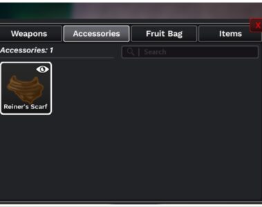 feature image for our demon piece accessories tier list shows the inventory of the guide maker who has the reiner scarf, a brown neck cloth in their accessories inventory