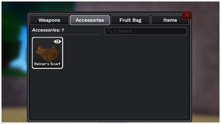 feature image for our demon piece accessories tier list shows the inventory of the guide maker who has the reiner scarf, a brown neck cloth in their accessories inventory
