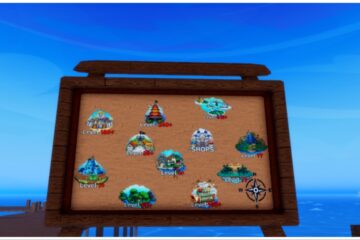 Feature image for our Demon Piece Island Level Guide showcasing the billboard on the main island hub displaying small pngs of each island with their levels below in red.