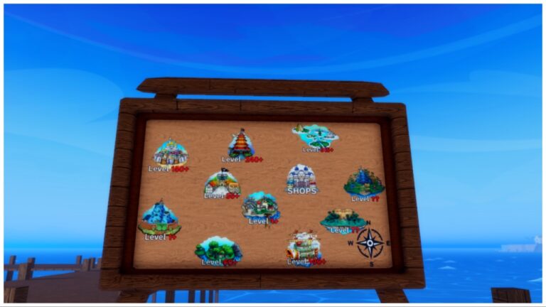 Feature image for our Demon Piece Island Level Guide showcasing the billboard on the main island hub displaying small pngs of each island with their levels below in red.