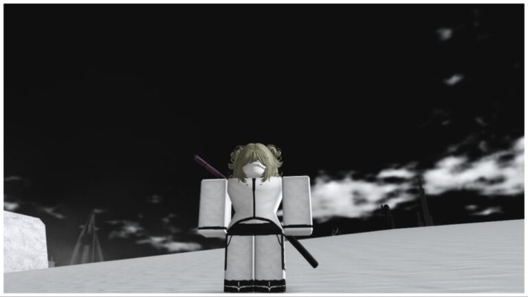 Feature image for our Hierro Plating Type Soul Guide showing my arrancar avatar in an all white outfit stood in the monochromatic hueco mundo