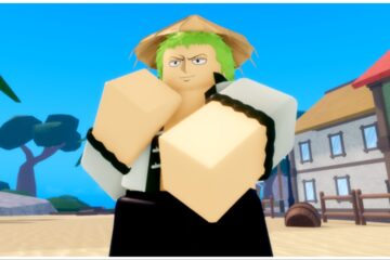 Feature image for our Legacy Piece Best Race guide which shows my avatar cosplaying Zoro with his arms held in a ready to punch stance. Behind him is the blue sky and an assortment of buildings lining the beach