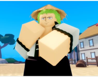 Feature image for our Legacy Piece Best Race guide which shows my avatar cosplaying Zoro with his arms held in a ready to punch stance. Behind him is the blue sky and an assortment of buildings lining the beach