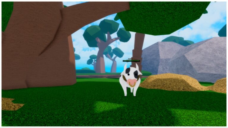 Feature image for our Legacy Piece Fruit Tier List which shows a cow on a patch of grass beside a pile of hay. In the far distance are masses of large grey rock and trees obscuring the blue sky in the far distance.