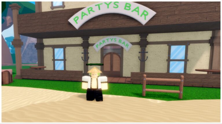 Feature image for our Legacy Piece Map Guide shows an avatar dressed vaguely as Zoro from the One Piece series stood outside the sandy coloured Partys Bar during a sunny day