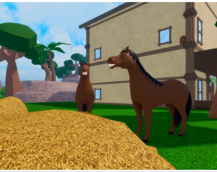Feature image for our Legacy Piece Mink Guide which shows teo brown horses with dark black hair and tail stood beside a tan hay bale bearing teeth as they neigh happily before the food
