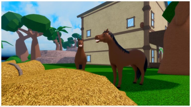 Feature image for our Legacy Piece Mink Guide which shows teo brown horses with dark black hair and tail stood beside a tan hay bale bearing teeth as they neigh happily before the food