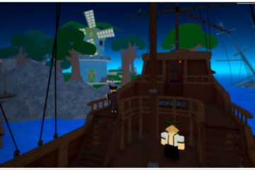 Feature image for our Legacy Piece Races Guide shows a green haired avatar inspired by Zoro stood on a ship with a ship sailor leaning on the wooden banister at the ships edge to overlook the local island
