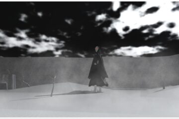 The image shows a black and white image of inside the Type SOUL game. In the distance is a dark tall figure which wanders lost around the map.