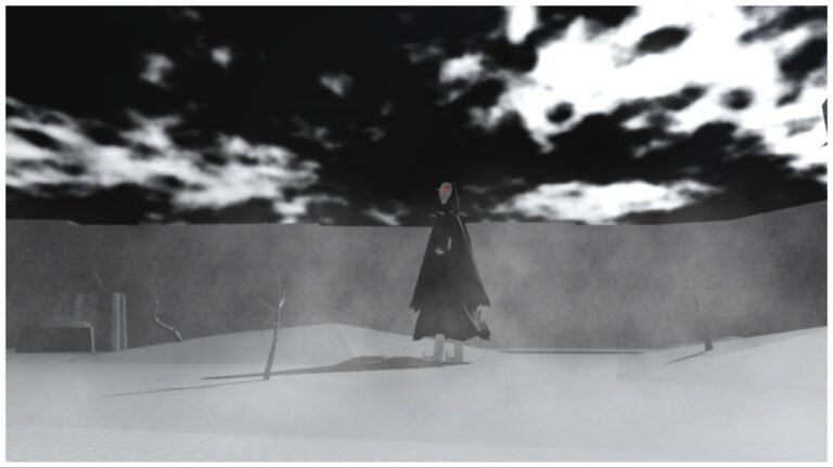 The image shows a black and white image of inside the Type SOUL game. In the distance is a dark tall figure which wanders lost around the map.