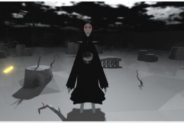 The image shows my avatar as a giant entity known as a Menos. It wears a huge black cloak and has an unnerving face with beaming red eyes