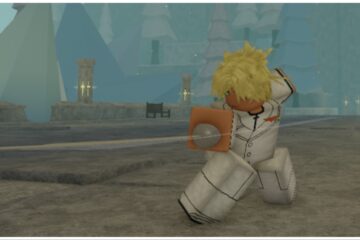 The image shows an avatar in a white suit in an action pose with a blade held outstretched in front of them. The scenery around is stony with a deep blue overcast