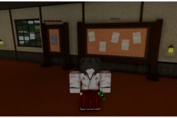 The image shows my avatar who is wearing white robes with red pants stood before a missions board inside a clean house with wooden flooring