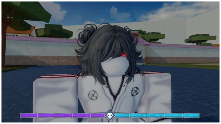 The image shows an up close of my avatar who has glowing red eyes beneath dark grey bangs. Behind her are tall clean walls and trees peering over the walls obscuring parts of the deep blue cloudy sky
