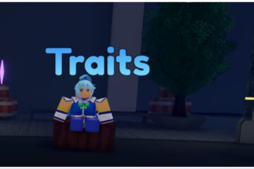 Feature image for our Anime fantasy traits guide showing a woman with blue hair sitting on crates with large blue lettering above her heads reading "traits"