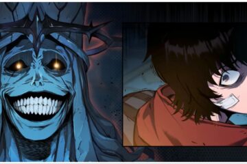 Feature image for our how to redeem solo leveling arise codes on ios which features the blue statue with unsettling teeth looking to the viewer with its hollow eyes and dimly lit red pupils. On the right to that is a split collage featuring a brown haired character looking over their shoulder with fear