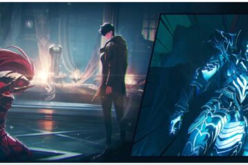 Feature image for our Solo Leveling ARISE Tier List showing sung jin-woo looking down on a soldier with a red-feathered helmet who is kneeling before him as he walks towards a distance light. On the right is a collage cut off featuring a blue aura