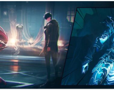 Feature image for our Solo Leveling ARISE Tier List showing sung jin-woo looking down on a soldier with a red-feathered helmet who is kneeling before him as he walks towards a distance light. On the right is a collage cut off featuring a blue aura