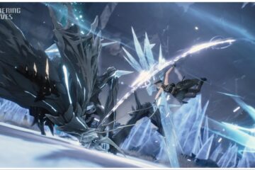 Feature image for our Wuthering Waves Echo tier list which shows a blue cold ice-wasteland with a black beast in combat with a wuthering waves character mid air in combat with the beast