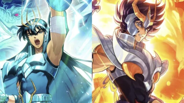 Feature image for our Best Team in Saint Seiya EX guide showing two pictures beside each other of the characters in-game.