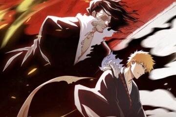 Feature image for our Bleach Soul Resonance Characters guide showing a character holding a sword and another character behind him with black swirls surrounding them both.