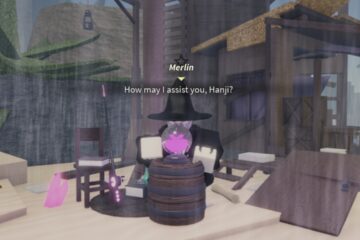 Feature image for our Fisch Twisted Relic Tier List showing a wizard NPC talking to the player.