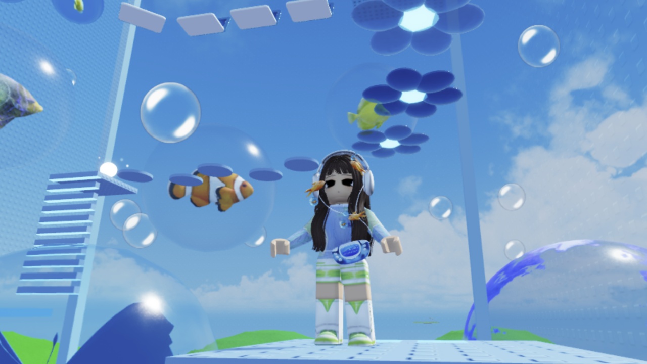 Image from the game Frutiger Aero Tower showing a character standing on a platform with flower petals hanging in the air behind her as well as bubbles with fish in.