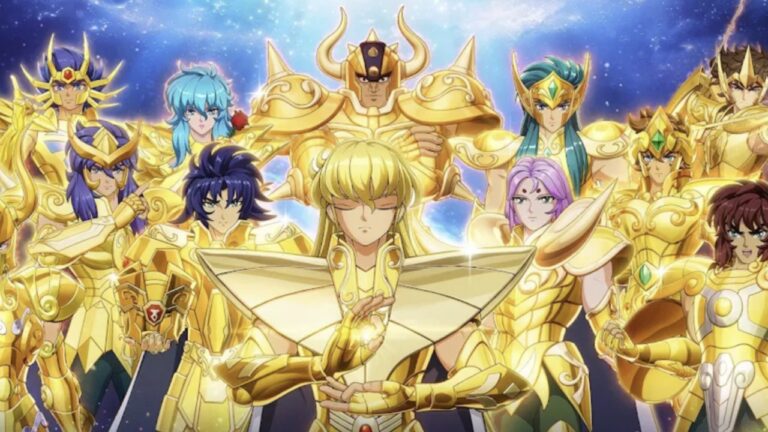 Feature image for our How to Reroll in Saint Seiya EX guide showing different in-game characters wearing golden armor and looking at the camera.