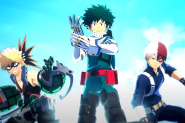 Feature image for our My Hero Ultra Rumble Season 13 Tier List showing three characters posing wearing gear to enter a battle.