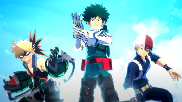 Feature image for our My Hero Ultra Rumble Season 13 Tier List showing three characters posing wearing gear to enter a battle.