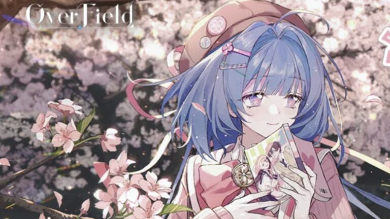 Feature image for our Overfield Banner Schedule guide showing a girl standing near cherry blossoms smiling and holding a magazine.