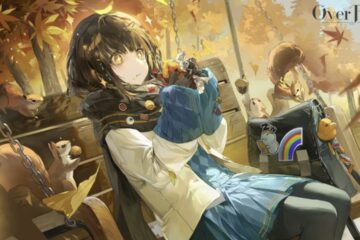 Feature image for our Overfield Weapon Tier List showing a character sitting on a bench in an autumn setting while eating, and animals sitting near her.