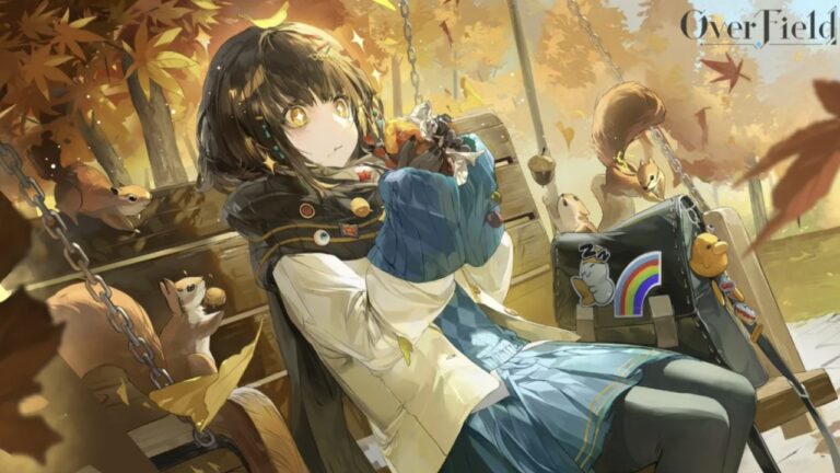 Feature image for our Overfield Weapon Tier List showing a character sitting on a bench in an autumn setting while eating, and animals sitting near her.